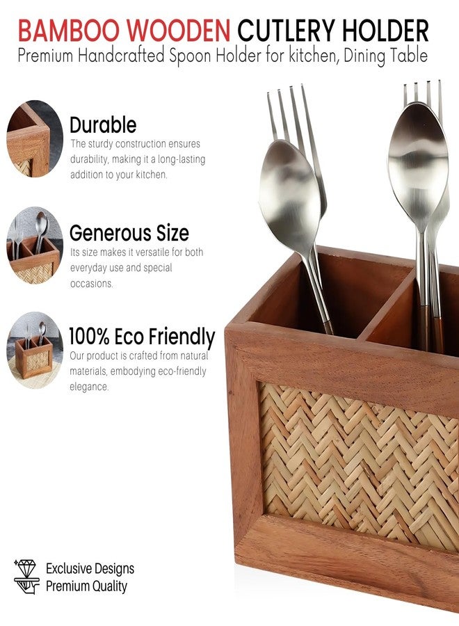 VarEesha Hand Crafted Acacia Wood Chatai Two Sections Spoon Holder| Cutlery Holder| Kitchen Caddy | Wooden Cutlery Rack for Kitchen|Wooden Spoon Stand for Diining Table - Image 3